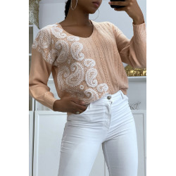 Pull col V rose pastel à motif dentelle blanche - 4