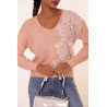 Pull col V rose pastel à motif dentelle blanche - 5