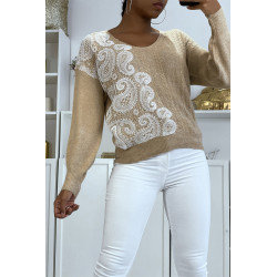 Pull col V beige à motif dentelle blanche - 1