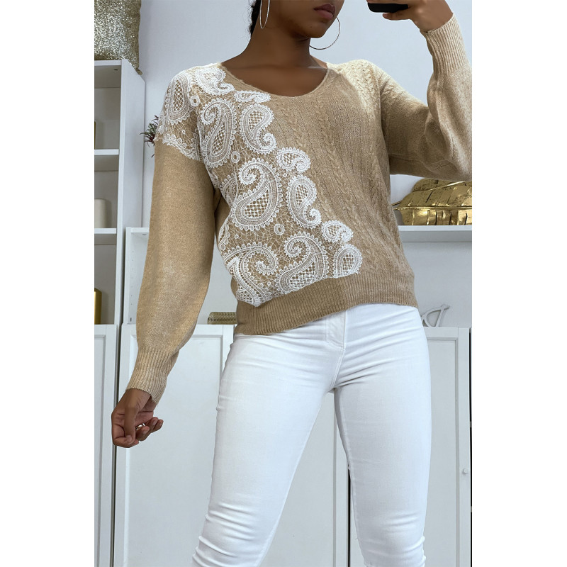 Pull col V beige à motif dentelle blanche - 1