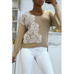 Pull col V beige à motif dentelle blanche - 2