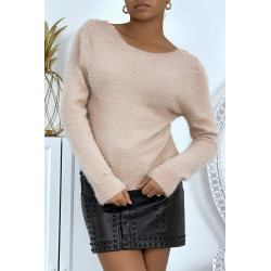 Pull duveteux rose à dos nu et détails dentelle - 4