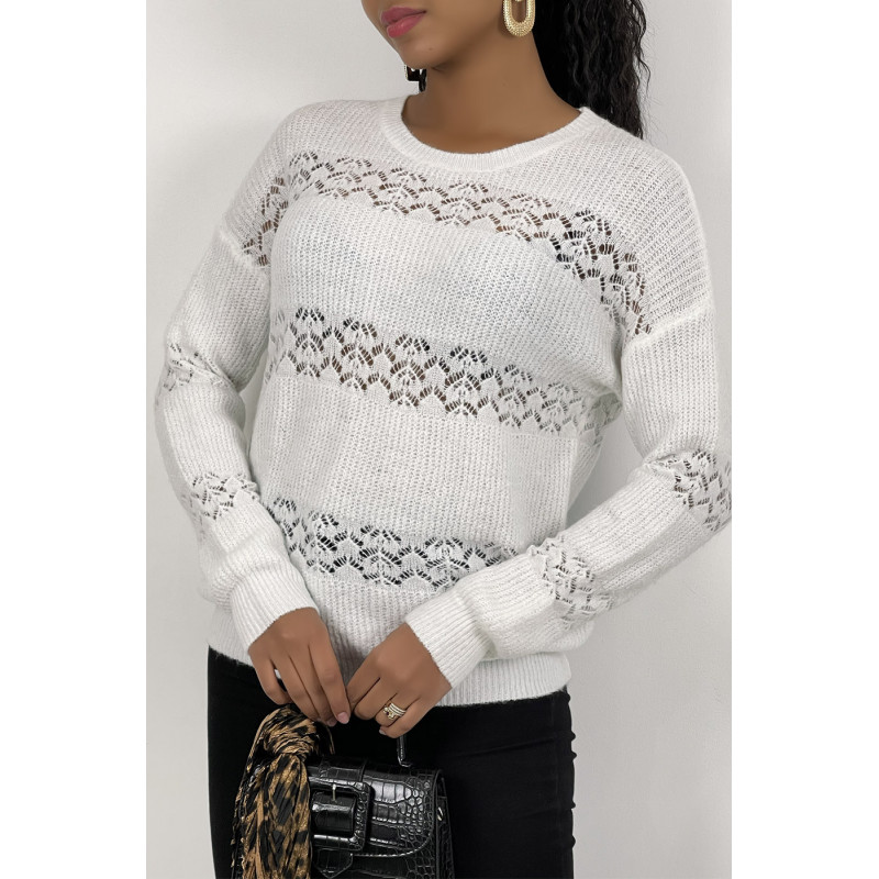 Pull ajouré blanc à col rond en maille douce et chaude - 3