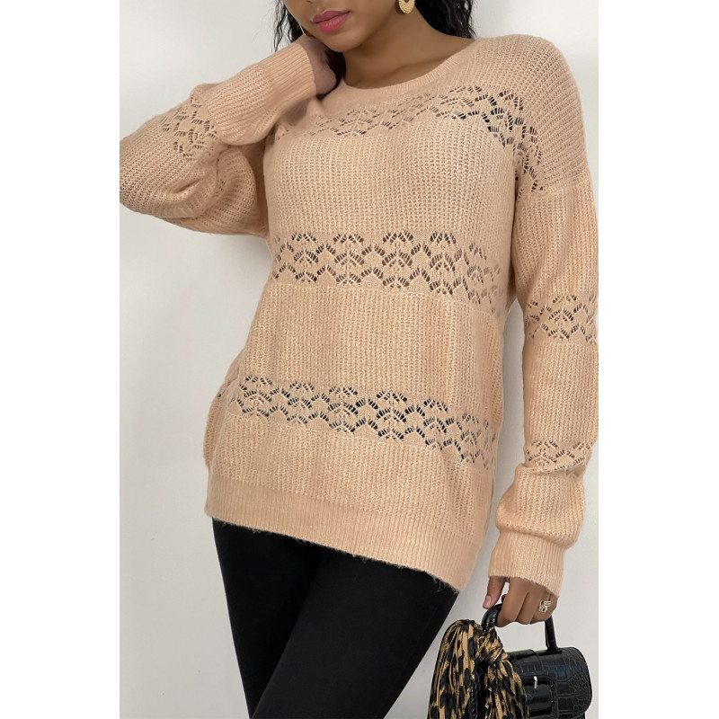 Pull ajouré rose à col rond en maille douce et chaude - 3