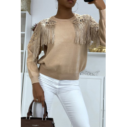 Pull taupe à dentelle et franges - 1