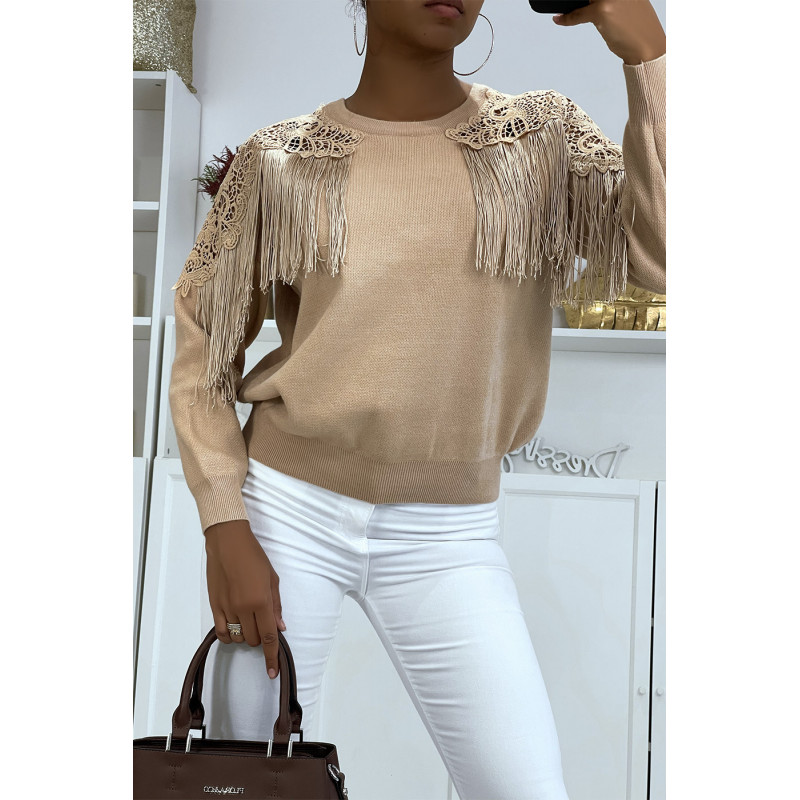 Pull taupe à dentelle et franges - 1