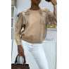 Pull taupe à dentelle et franges - 1