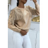 Pull taupe à dentelle et franges - 2