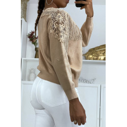 Pull taupe à dentelle et franges - 3