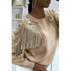 Pull taupe à dentelle et franges - 4