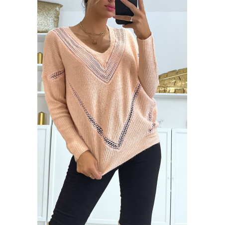 Pull col V en rose over size avec dentelle dans une belle matière douce - 3