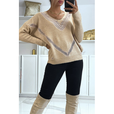 Pull col V en taupe over size avec dentelle dans une belle matière douce - 2