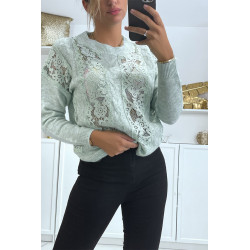 Pull vert à empiècement en dentelle et coupe basique - 1