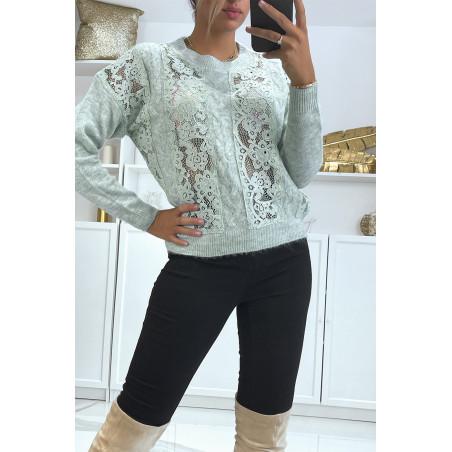 Pull vert à empiècement en dentelle et coupe basique - 2