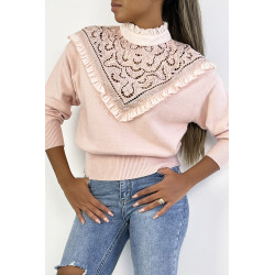 Pull très chic rose poudré à manches longues et col montant ajouré - 2