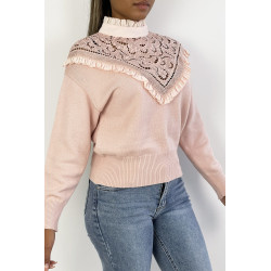 Pull très chic rose poudré à manches longues et col montant ajouré - 4