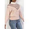 Pull très chic rose poudré à manches longues et col montant ajouré - 4