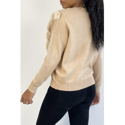 Pull beige à col rond et motif en fausse fourrure et strass - 1