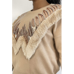 Pull beige à col rond et motif en fausse fourrure et strass - 2