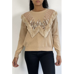 Pull beige à col rond et motif en fausse fourrure et strass - 4