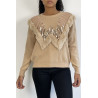 Pull beige à col rond et motif en fausse fourrure et strass - 4