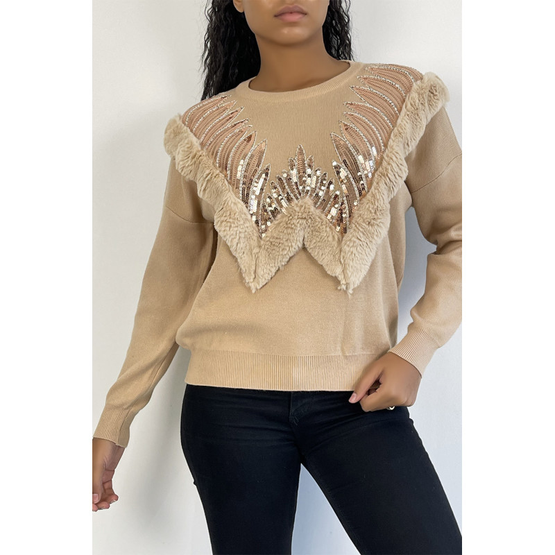 Pull beige à col rond et motif en fausse fourrure et strass - 5