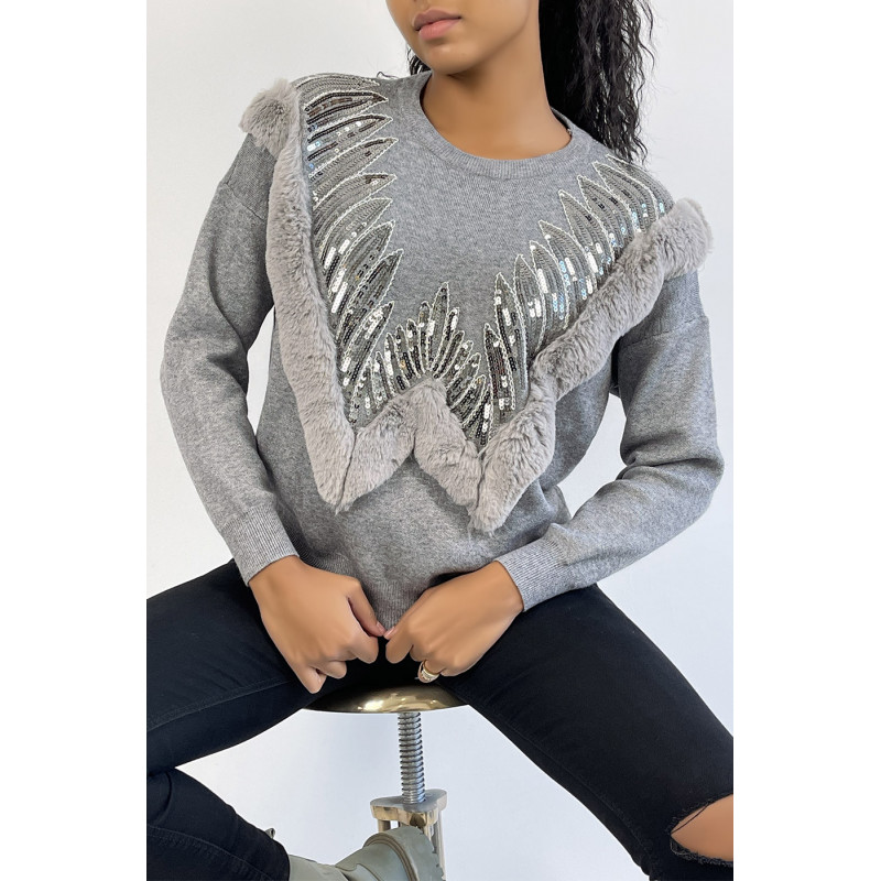 Pull gris à col rond et motif en fausse fourrure et strass - 2