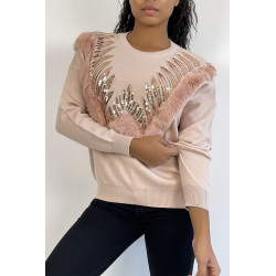 Pull rose à col rond et motif en fausse fourrure et strass - 3