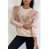 Pull rose à col rond et motif en fausse fourrure et strass - 3