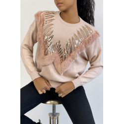 Pull rose à col rond et motif en fausse fourrure et strass - 5