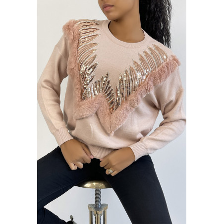 Pull rose à col rond et motif en fausse fourrure et strass - 5