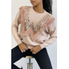 Pull rose à col rond et motif en fausse fourrure et strass - 5