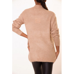 Pull long taupe à motif V en dentelle - 4