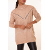 Pull long taupe à motif V en dentelle - 5