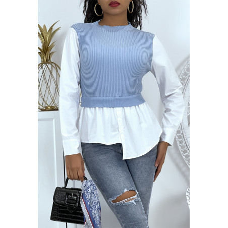 Haut bi-matière effet chemise et pull sans manches bleu - 1