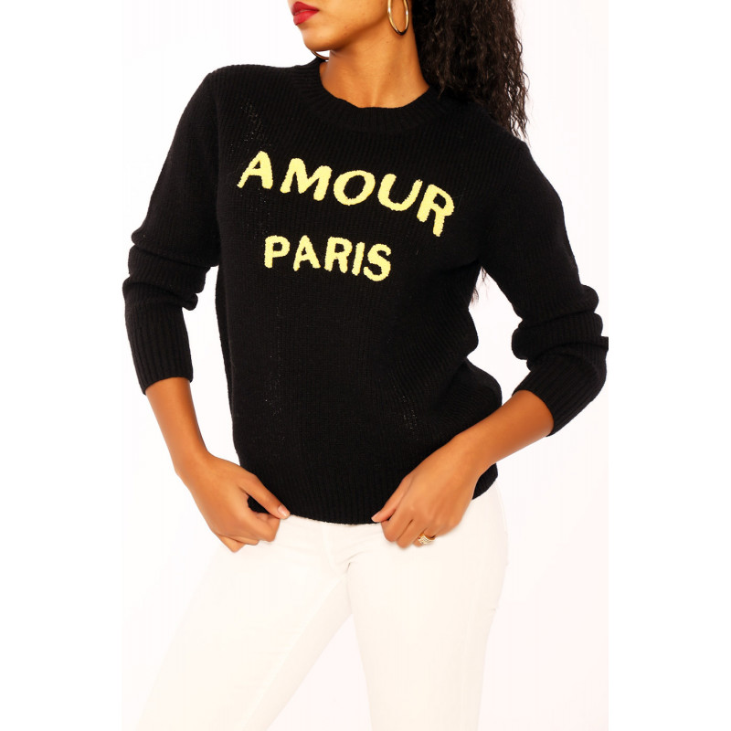 Pull noir à col rond inscription AMOUR PARIS - 1