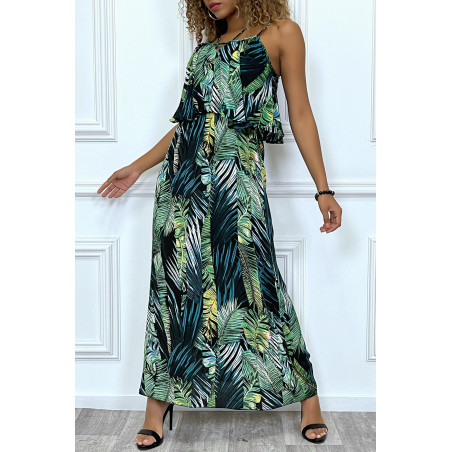 Sublime robe noir motif feuille verte avec bretelle et volant. Vêtement mode femme - 5