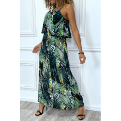 Sublime robe noir motif feuille verte avec bretelle et volant. Vêtement mode femme - 6