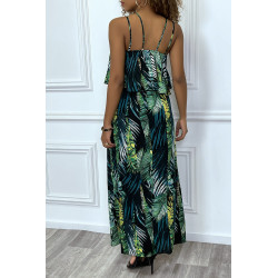 Sublime robe noir motif feuille verte avec bretelle et volant. Vêtement mode femme - 7