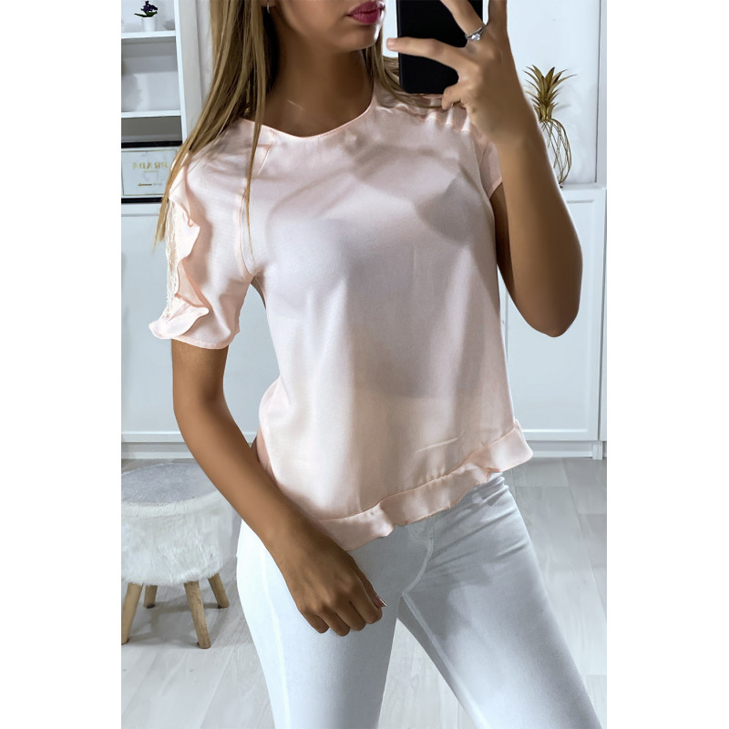 Blouse rose manches volantes avec dentelle et boutonnés au dos - 3