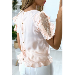 Blouse rose manches volantes avec dentelle et boutonnés au dos - 5