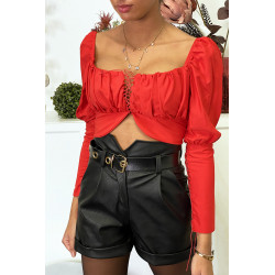 Crop top rouge décolleté avec lacet au buste et aux manches - 2