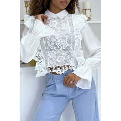 Blouse blanche à col Claudine en dentelle et tulle - 1