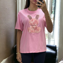 T-shirt over size rose avec lapin en broderie et strass - 2