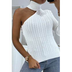 Pull blanc à maille torsadée col roulé et manche unique - 3