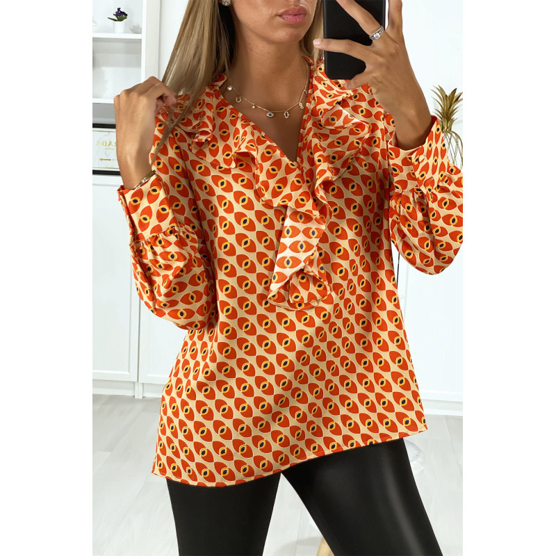 Blouse à motif orange avec volant à l'avant - 2