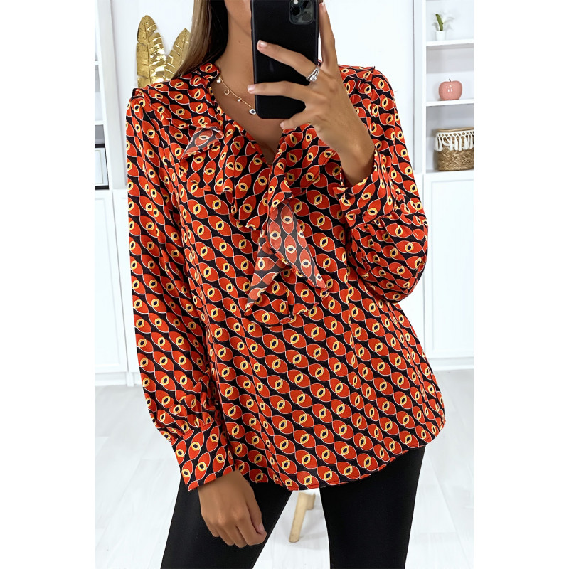 Blouse à motif noir avec volant à l'avant - 1