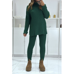 Ensemble pull col roulé et pantalon vert en tricot, très chaud pour l'hiver - 1