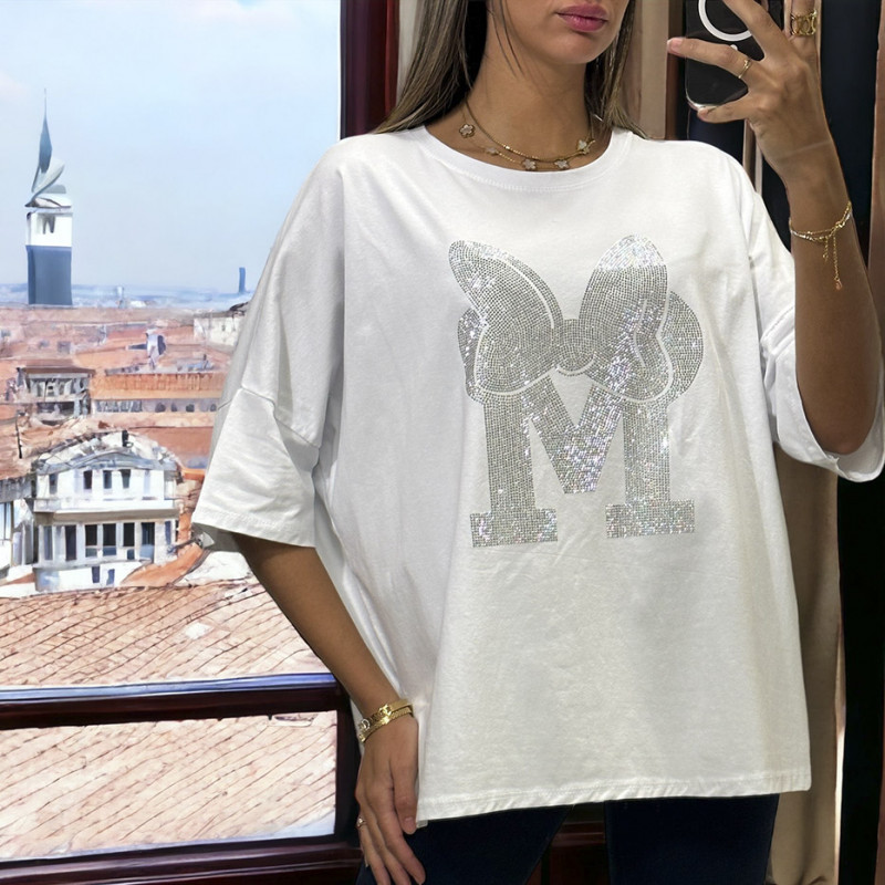 T-shirt over size blanc avec grosse écriture M en strass - 2