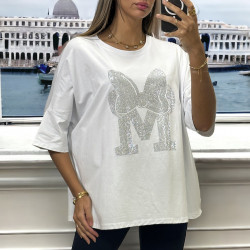 T-shirt over size blanc avec grosse écriture M en strass - 3